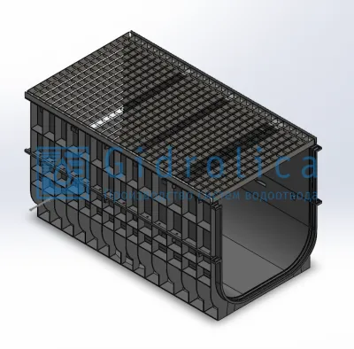 Комплект Gidrolica Light (Лайт): лоток водоотводный ЛВ-50.55.58,5: - пластиковый c решеткой РВ -50.55.100 ячеистой стальной оцинкованной, кл. А15